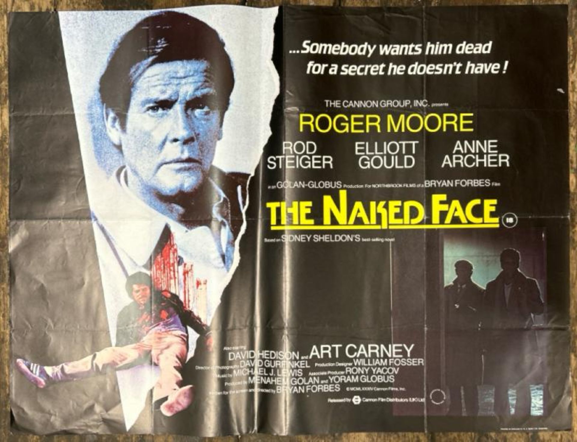 THE NAKED FACE STARRING ROGER MOORE, ORIGINAL FILM POTER, PRINTED IN ENGLAND BY W. E. BERRY LTD