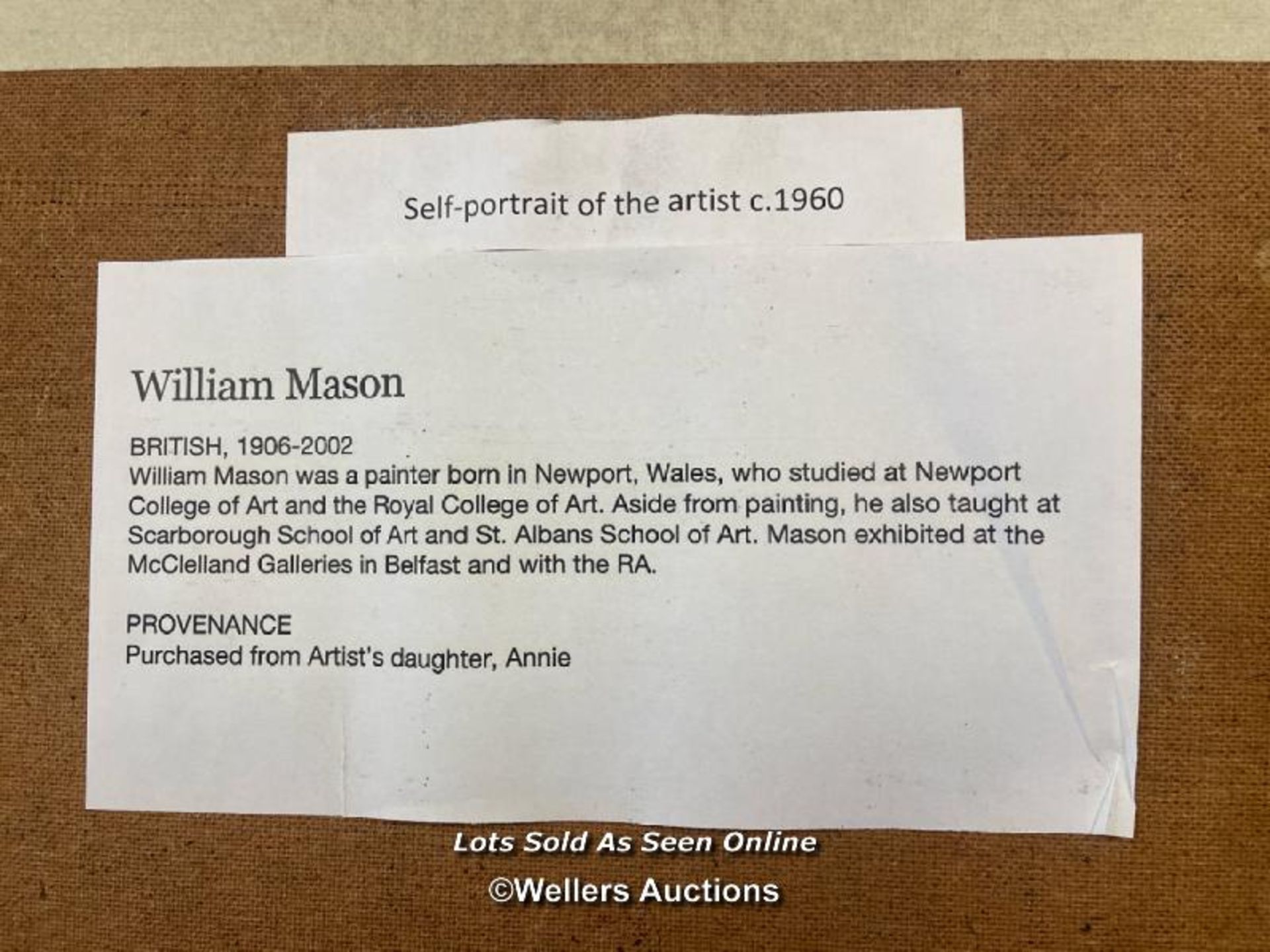 WILLIAM MASON (1906-2002), FRAMED SELF PORTRAIT OIL ON BOARD, SIGNED, 38 X 61CM - Image 5 of 5