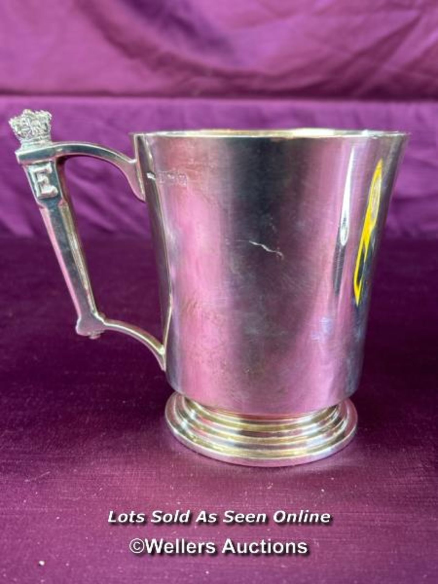 HALLMARKED SILVER TANKARD BY ASPREY OF LONDON, WITH CROWN HANDLE, INSCRIBED WHBL, HEIGHT 12CM, - Image 2 of 7