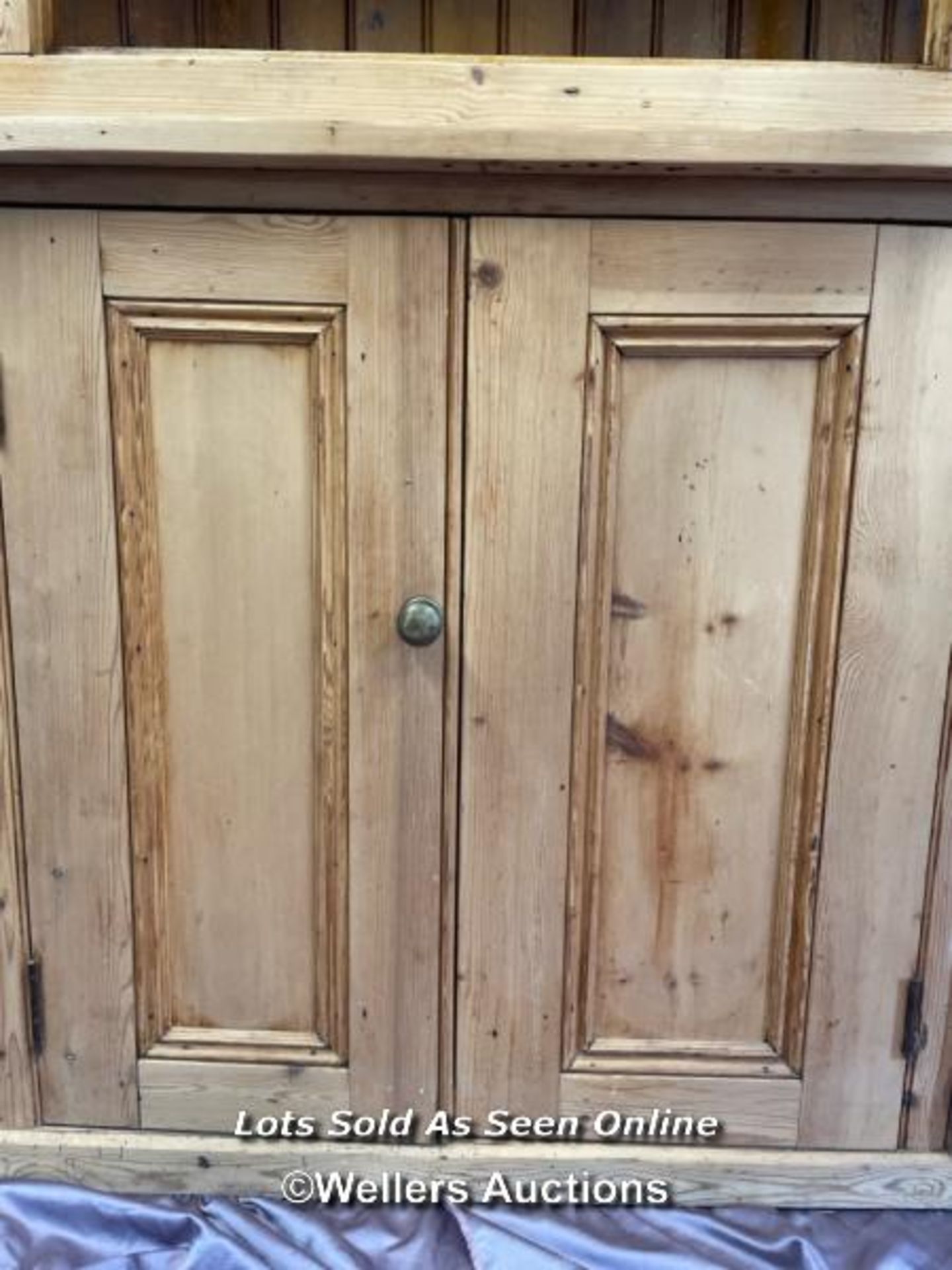 LARGE STRIPPED PINE DRESSER WITH FOUR GLAZED DOORS ON TOP OVER TWO DOORS BELOW AND SIX DRAWERS, - Image 11 of 14