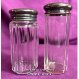 TWO HALLMARKED SILVER TOPPED AND CUT GLASS BEVELLED JARS, TALLEST 10CM, TOTAL SILVER WEIGHT 13GMS