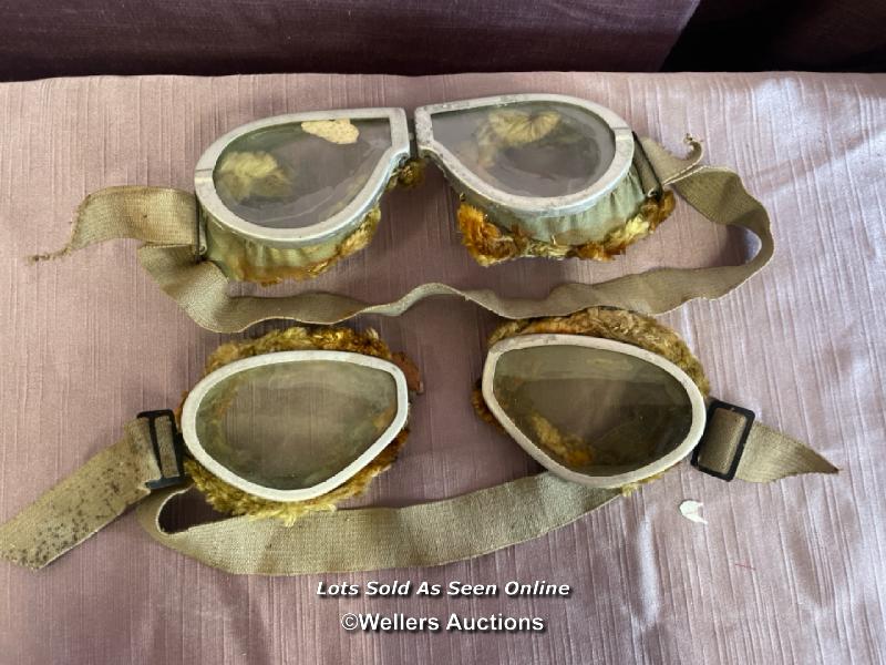 TWO PAIRS FUR LINED ALUMINIUM GOOGLES, ONE AS FOUND