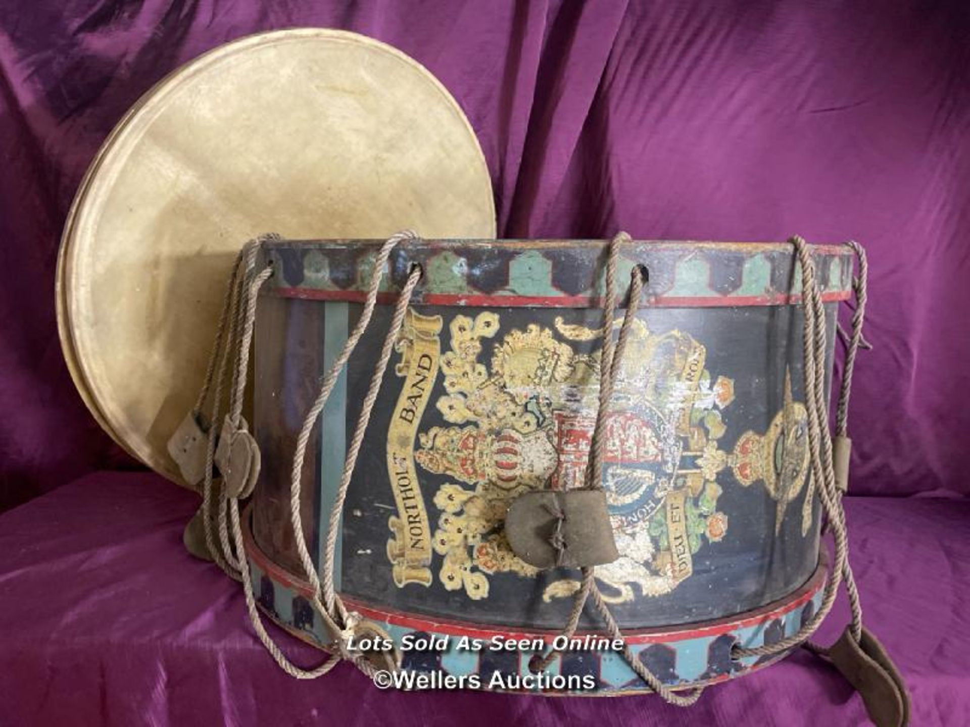 PRE-WAR BASE DRUM TO ROYAL AIRFORCE NORTHOLT BAND, COMPLETE WITH SKINS AND ROPES, DIAMETER 67CM X