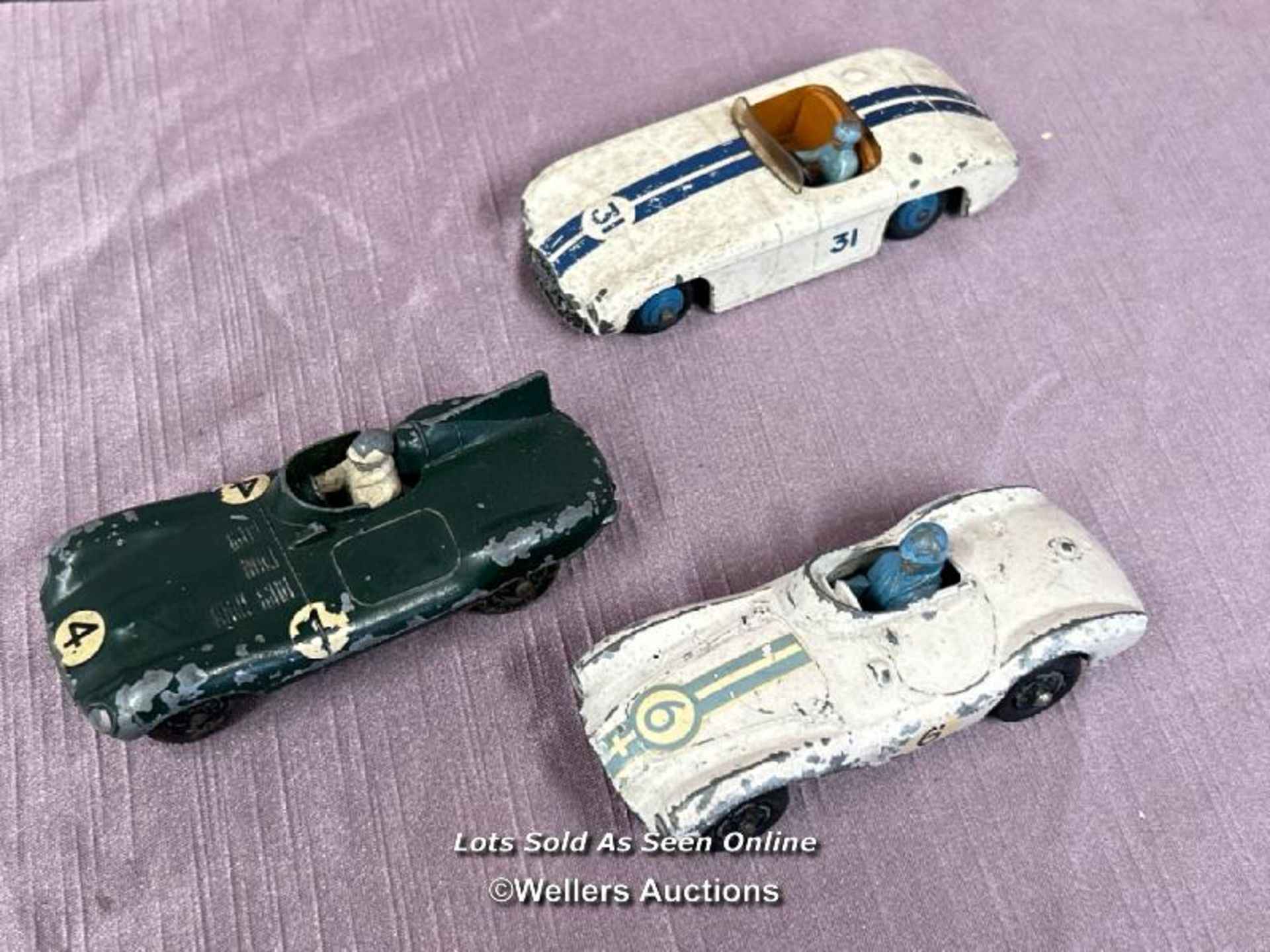 THREE DIE CAST RACING CARS INCLUDING DINKY CUNNINGHAM C-5R N0. 133, THE CRESCENT TOY COMPANY D-