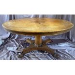 OVAL WALNUT CENTRE TABLE ON SOLID COLUMN BASE WITH FOUR DECORATIVE LEGS AND CASTORED FEET (IN NEED