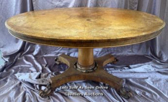 OVAL WALNUT CENTRE TABLE ON SOLID COLUMN BASE WITH FOUR DECORATIVE LEGS AND CASTORED FEET (IN NEED