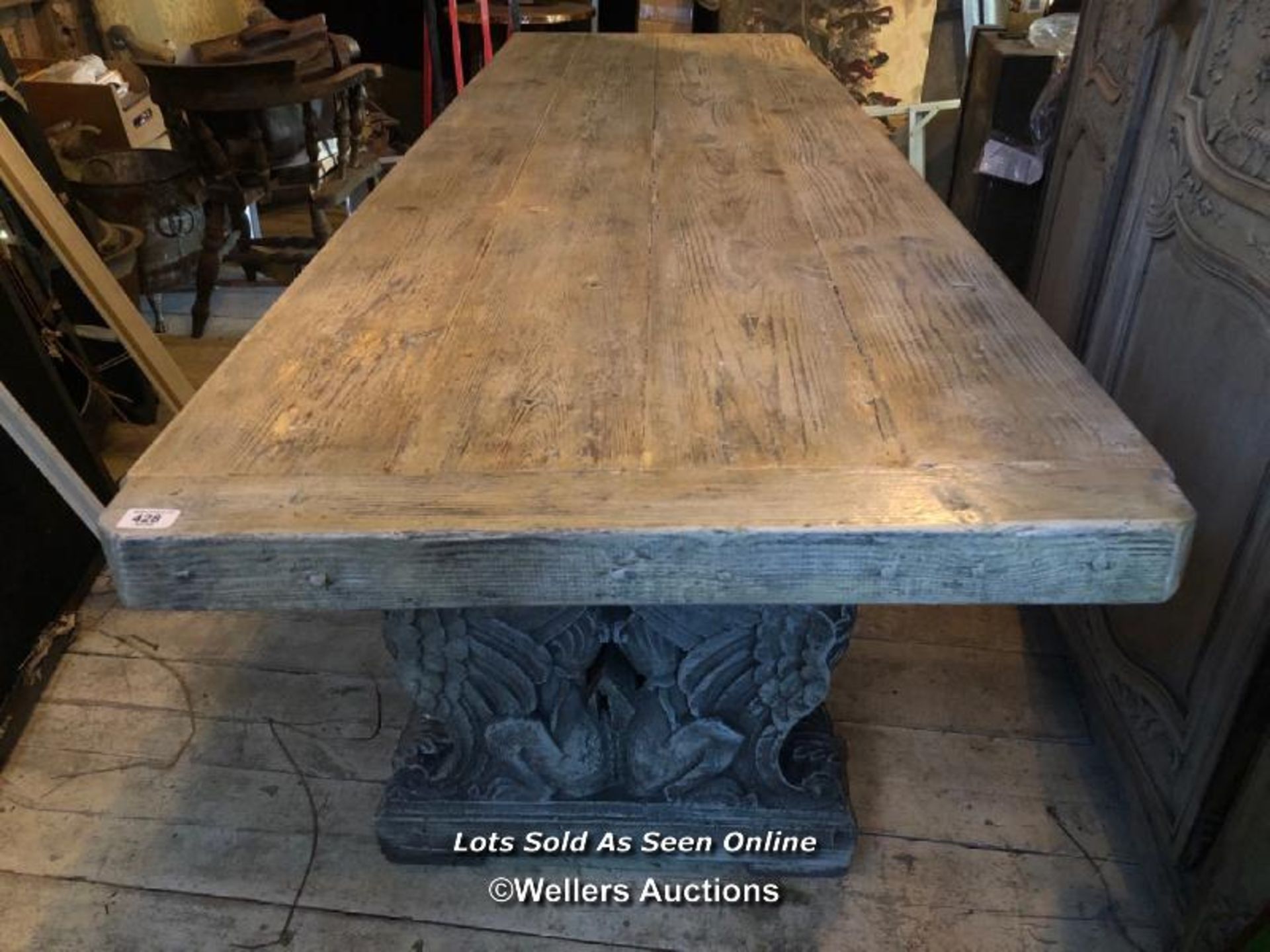 BLEACHED RED PINE TOPPED REFECTORY TABLE ON MAGNIFICENTLY CARVED COMPOSITION STONE BASE, 250 X 83 - Bild 2 aus 5