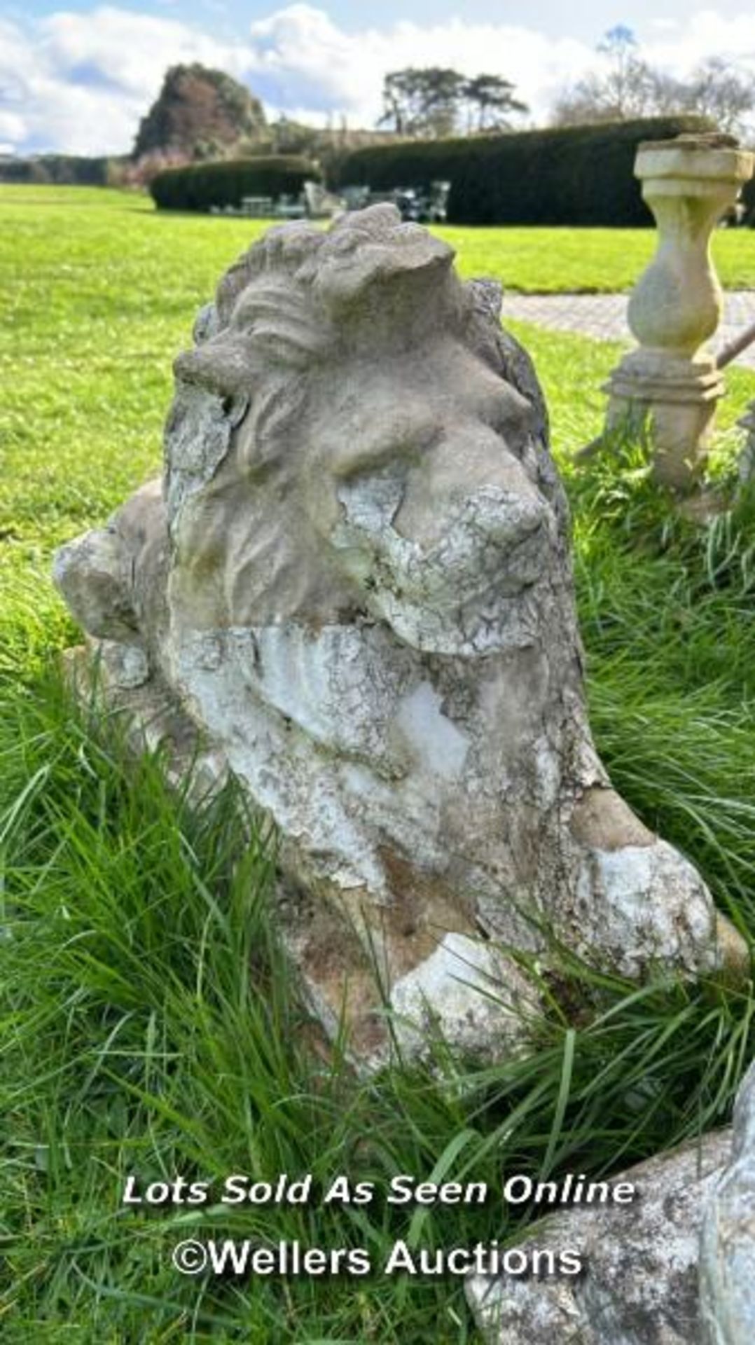PAIR OF COMPOSITION RECUMBENT LION STATUES, WEATHERED, 70 X 30 X 50CM - Image 4 of 7