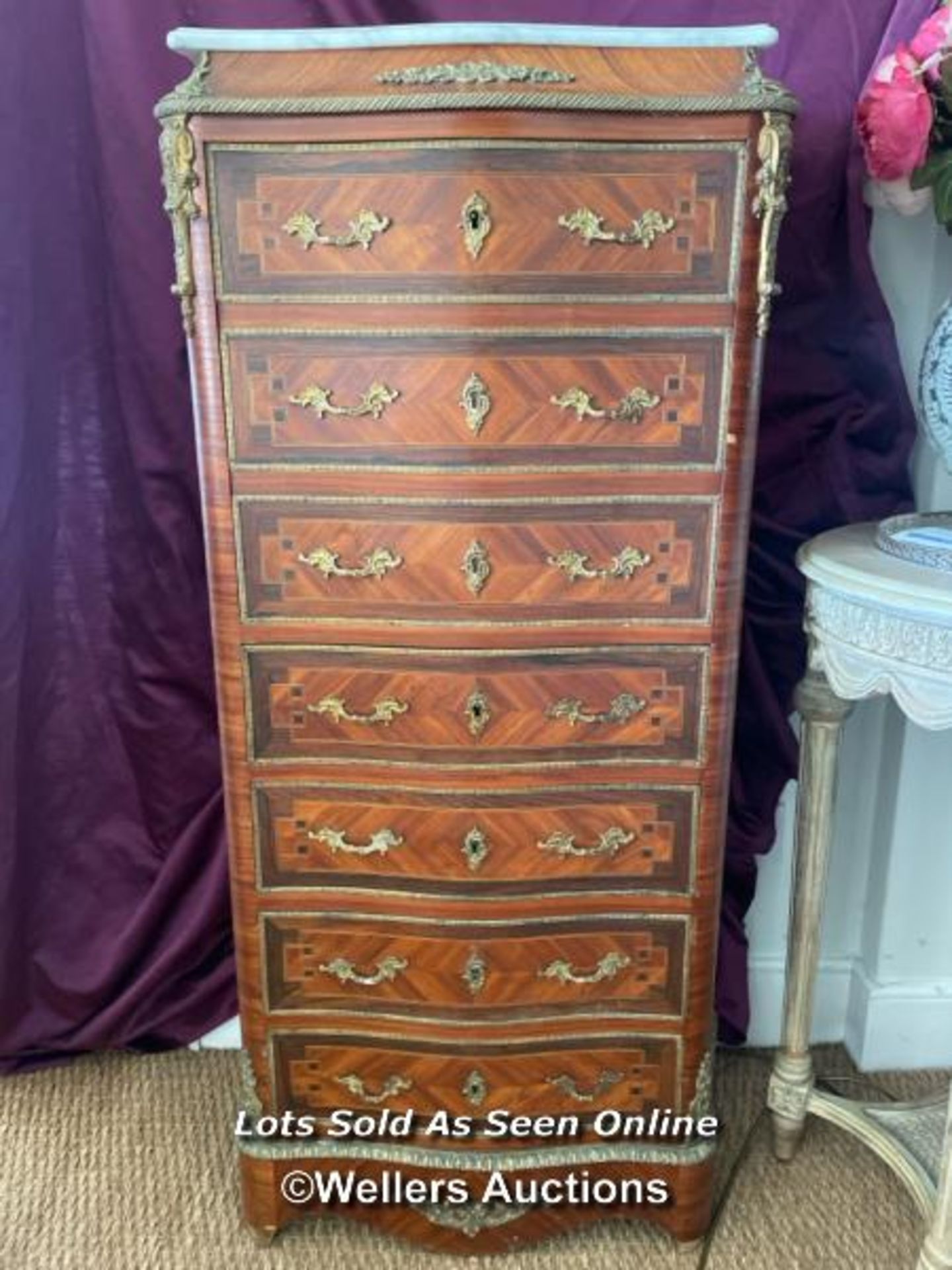 19TH CENTURY LOUIS XV SOMMELIER SECRETAIRE, KING WOOD AND BOX WOOD INLAY WITH ORMULU MOUNTS AND
