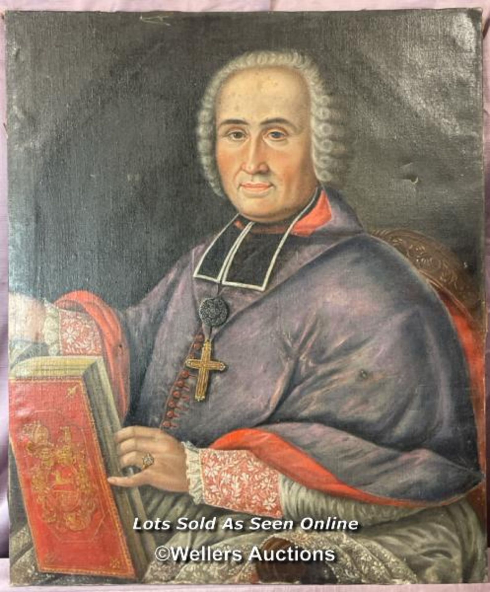 OIL ON CANVAS PORTRAIT OF A CLERGY MAN FROM FLORENCE, UNSIGNED, 68 X 82CM (SOME MINOR DAMAGE - SEE