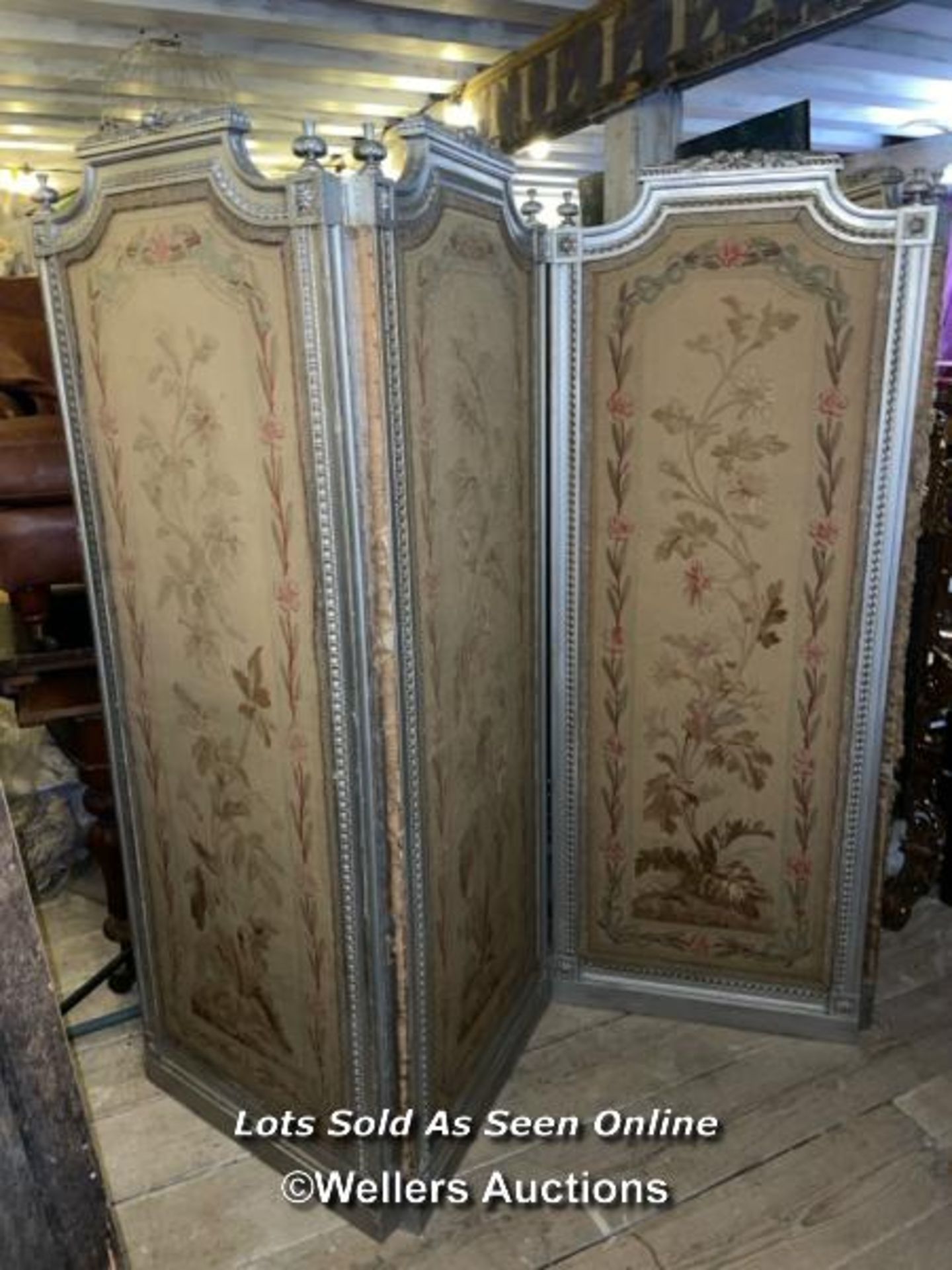 19TH CENTURY LOUIS XVI FOUR PANEL SCREEN WITH SILVERED PAINT FINISH AND ORIGINAL NEEDLEWORK