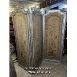 19TH CENTURY LOUIS XVI FOUR PANEL SCREEN WITH SILVERED PAINT FINISH AND ORIGINAL NEEDLEWORK