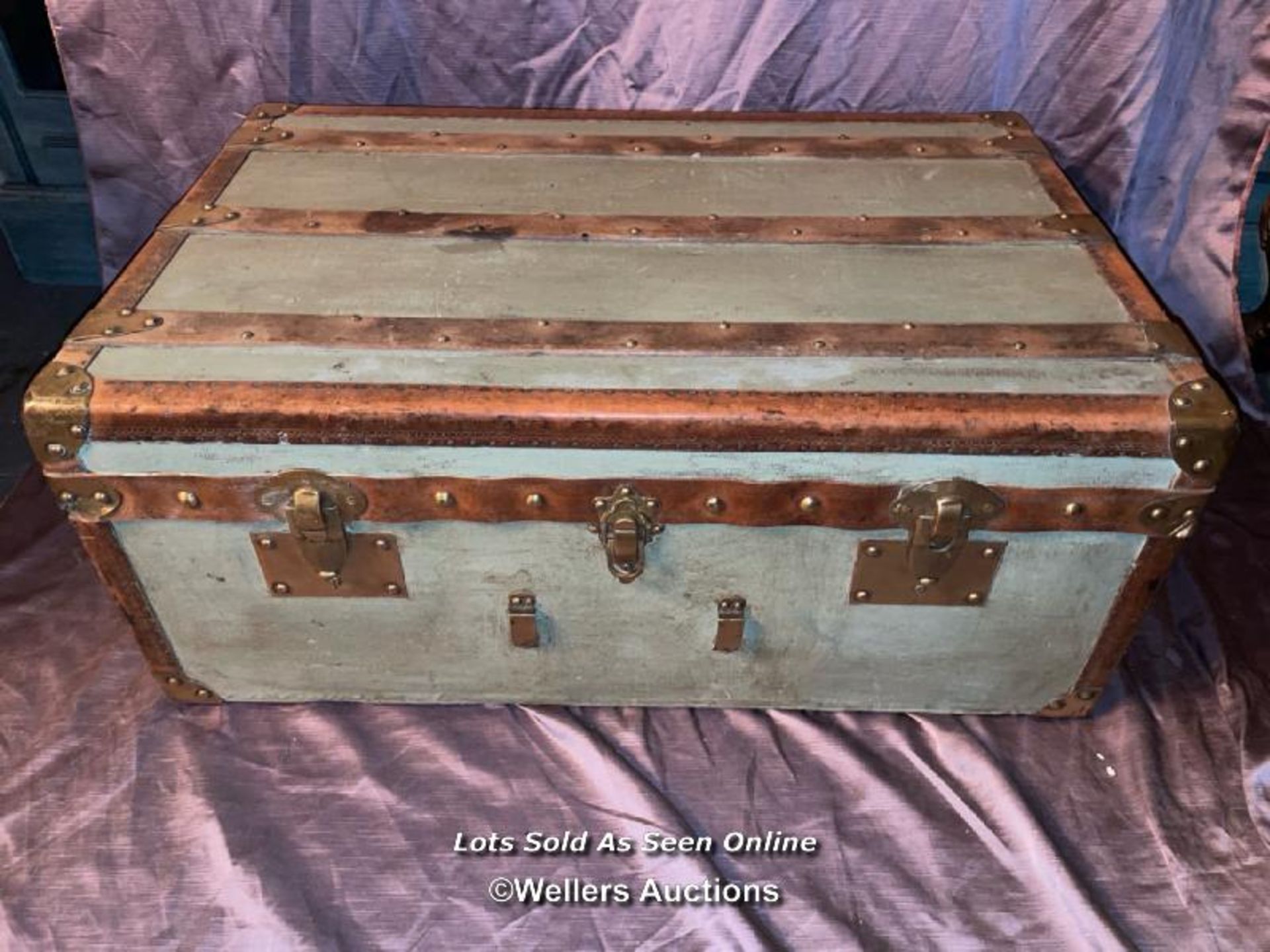 TRUNK WITH BRASS CORNERS, 84 X 52.5 X 34CM