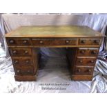 MID 19TH CENTURY WALNUT VENEERED MAHOGANY LINED TWIN PEDESTAL WRITING DESK WITH LEATHER INLAID,