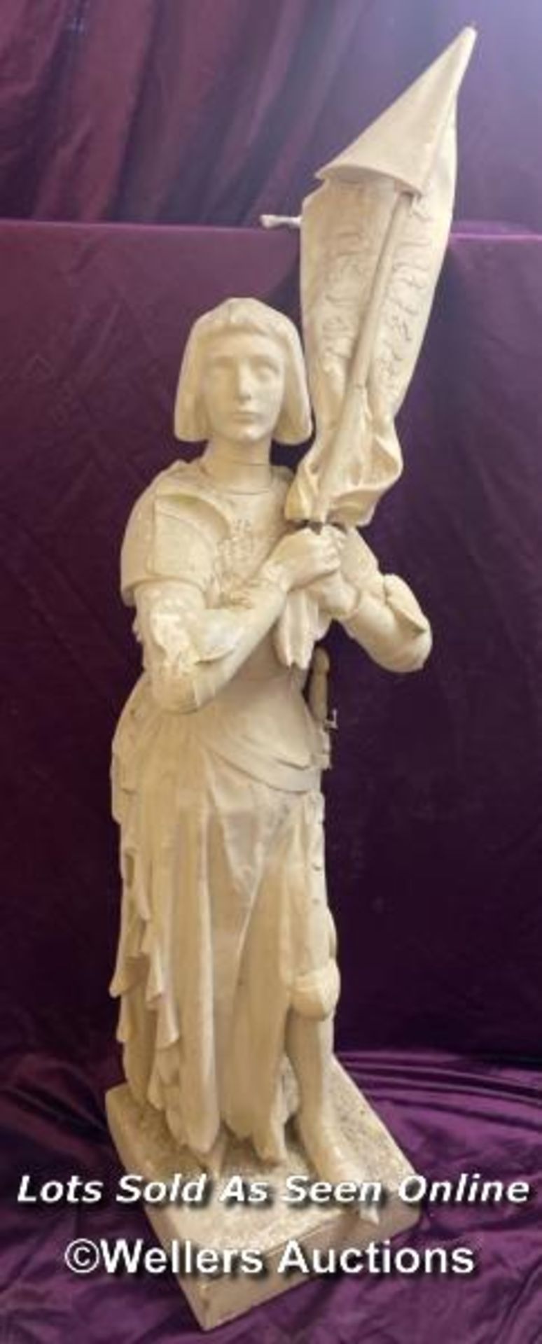 PLASTER CAST STATUE OF JOAN OF ARC, MAID OF ORLEANS, ALL MAJOR PARTS PRESENT AND SOME REPAIR
