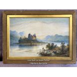 FRAMED OIL ON BOARD DEPICTING A LAKEHOUSE SCENE, SIGNED BY EDWIN SHARP, 67 X 47CM