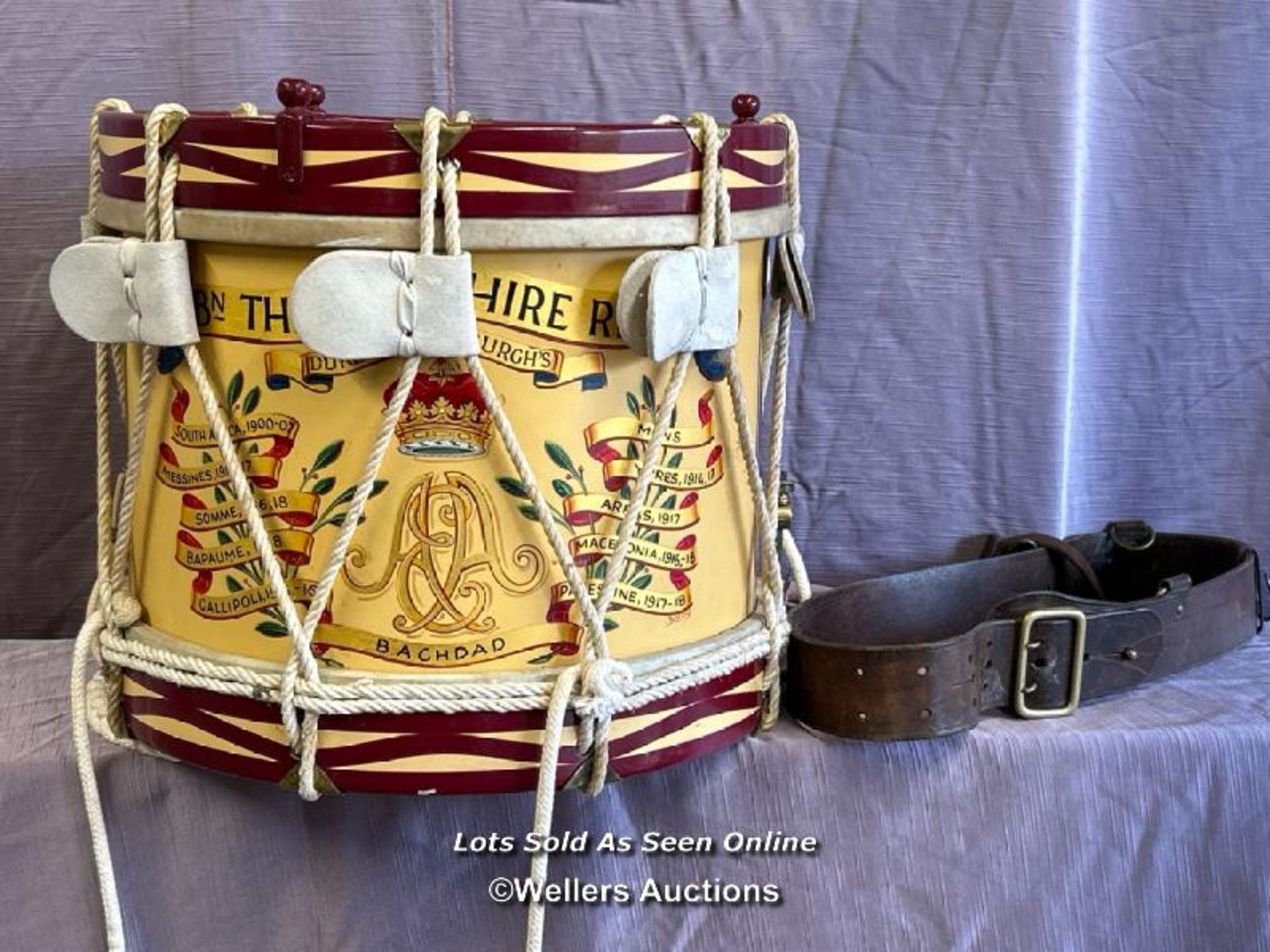 MILITARY BAND DRUM FROM THE '4TH BN THE WILTSHIRE REGIMENT' WITH BATTLE HONOURS, PRE WORLD WAR TWO
