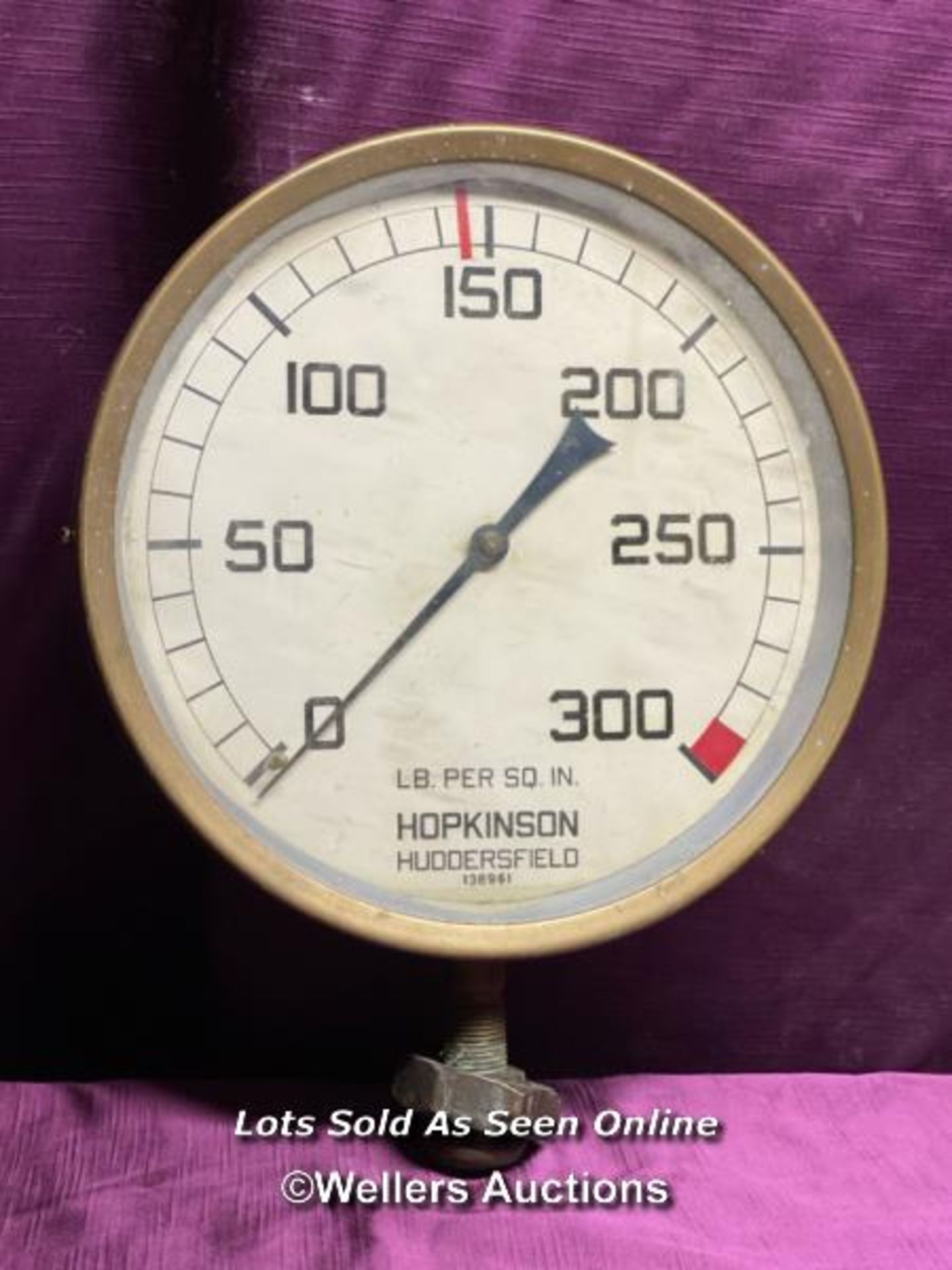 BRASS HOPKINSON HUDDERSFIELD PRESSURE GAUGE, DIAMETER 26CM X HEIGHT 33CM