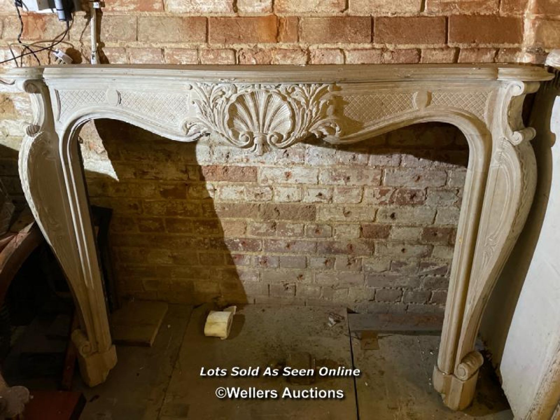 BLEACHED PINE FIRE SURROUND, LOUIS XV STYLE, 150 X 30 X 115CM, INTERNAL MEASURES 117 X 92.5CM