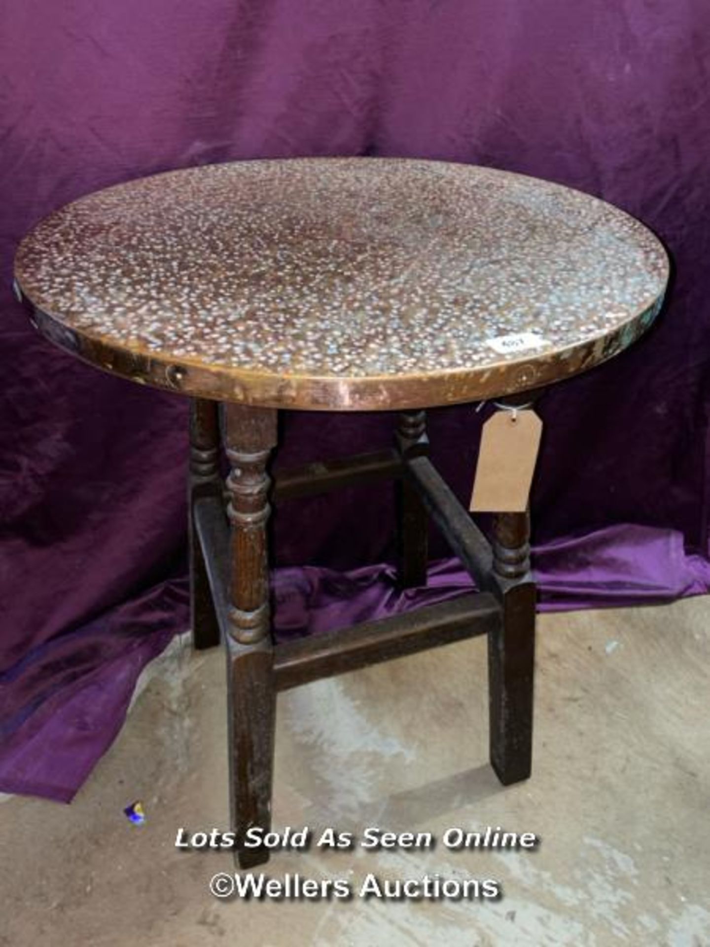1930'S HAMMERED COPPER TOP TABLE, 60CM X 74CM