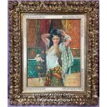 OIL ON CANVAS PAINTING OF AN ARABIAN LADY, BY MORAL, IN A DECORATIVE GILT FRAME, 47 X 60CM