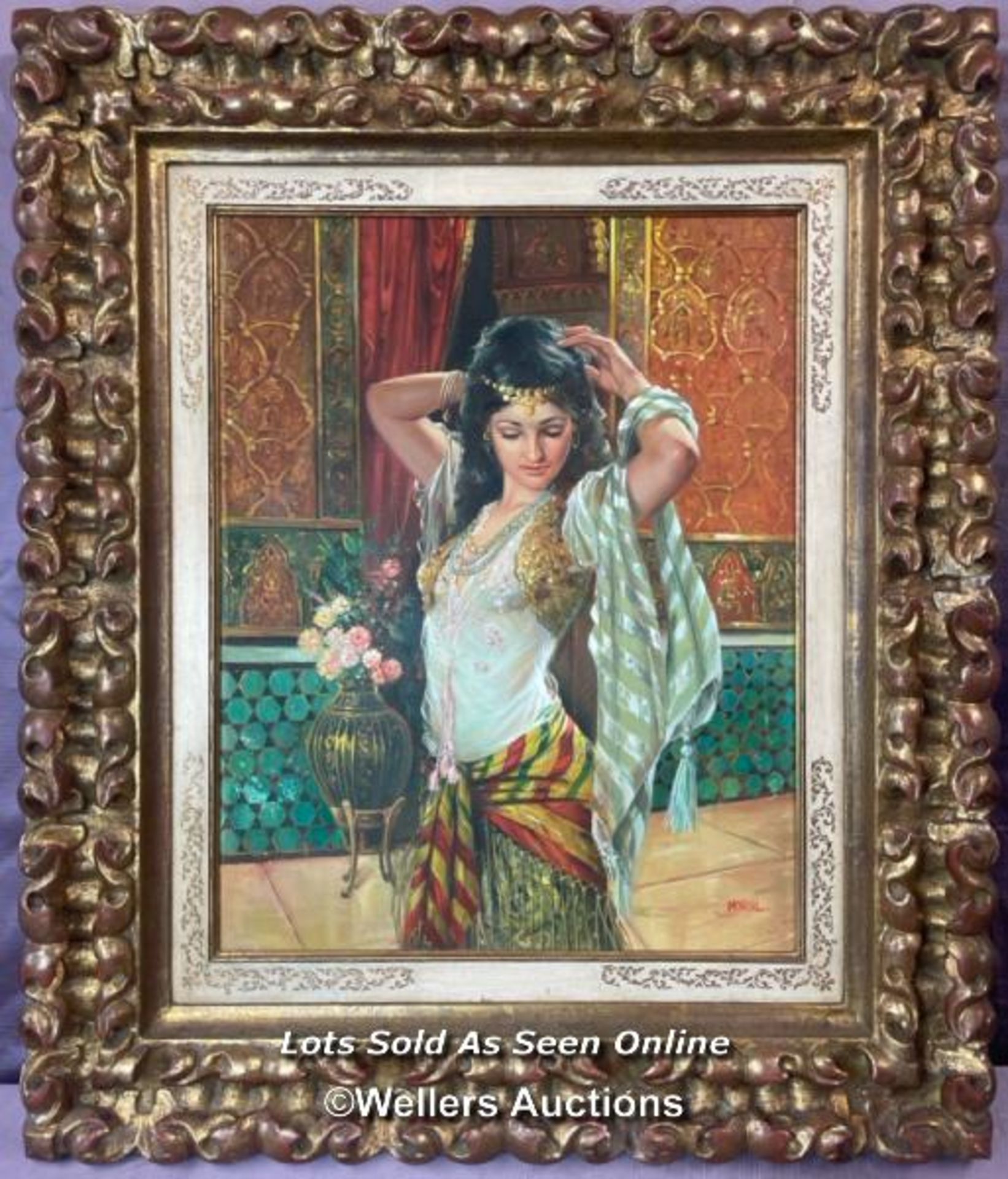 OIL ON CANVAS PAINTING OF AN ARABIAN LADY, BY MORAL, IN A DECORATIVE GILT FRAME, 47 X 60CM
