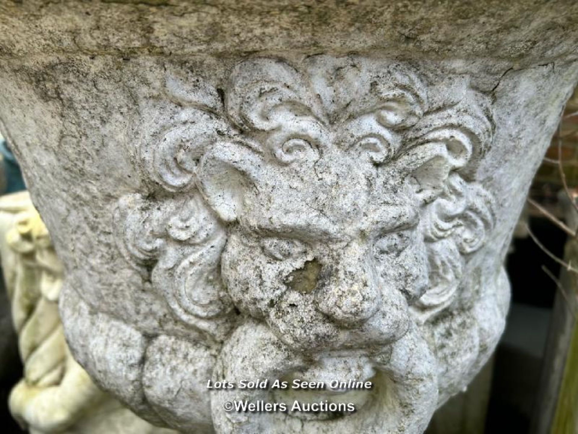 PAIR OF COMPOSITION STONE URN PLANTERS ON ASSOCIATED PLINTHS. THIS LOT IS LOCATED AWAY FROM THE - Image 4 of 7