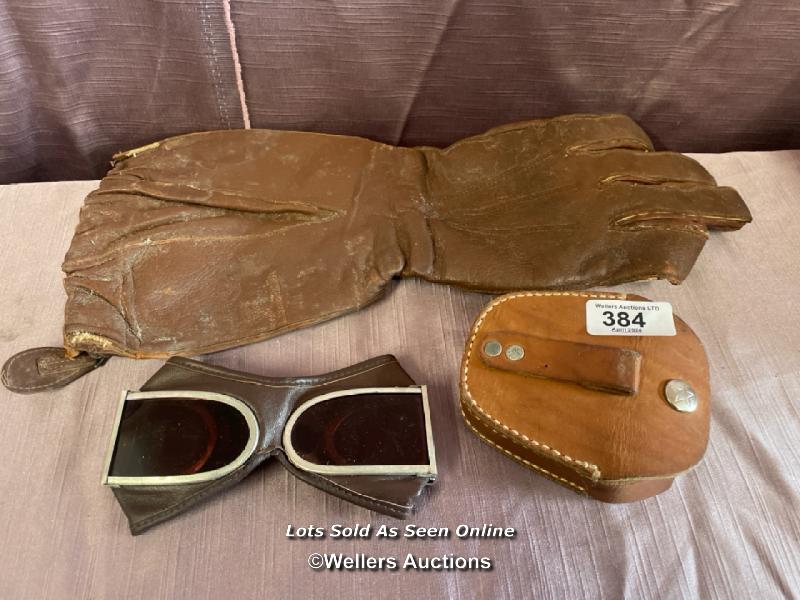 SINGLE AIRMANS GLOVE AND A PAIR OF TINTED GOGGLES IN LEATHER CASE