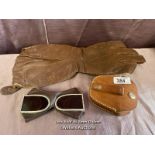 SINGLE AIRMANS GLOVE AND A PAIR OF TINTED GOGGLES IN LEATHER CASE