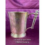 HALLMARKED SILVER TANKARD BY ASPREY OF LONDON, WITH CROWN HANDLE, INSCRIBED WHBL, HEIGHT 12CM,