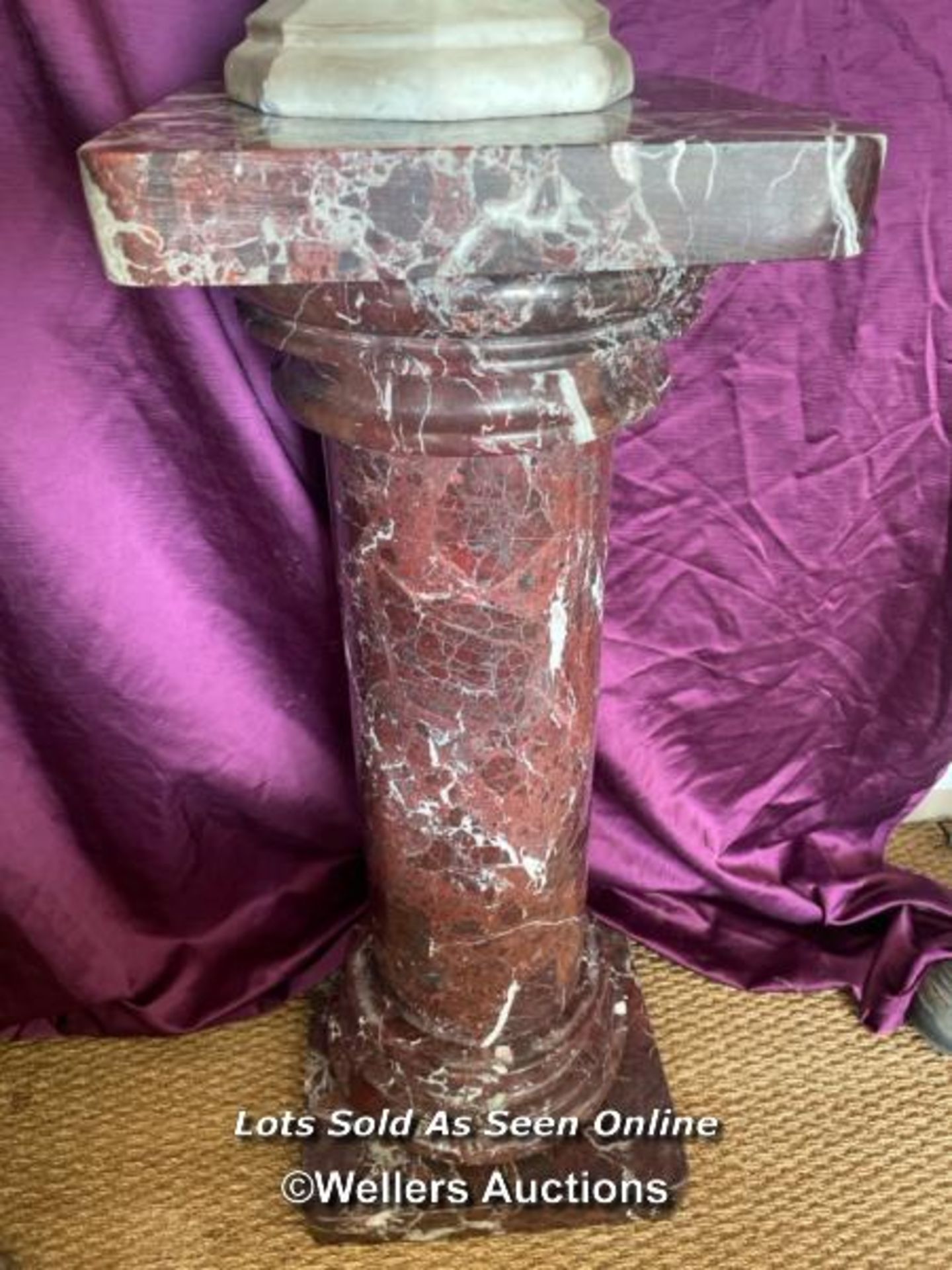 19TH CENTURY ROUGE MARBLE COLUMN, BREAKS TO FIVE SECTIONS FOR TRANSPORT, 36 X 35.5 X 92CM - This lot