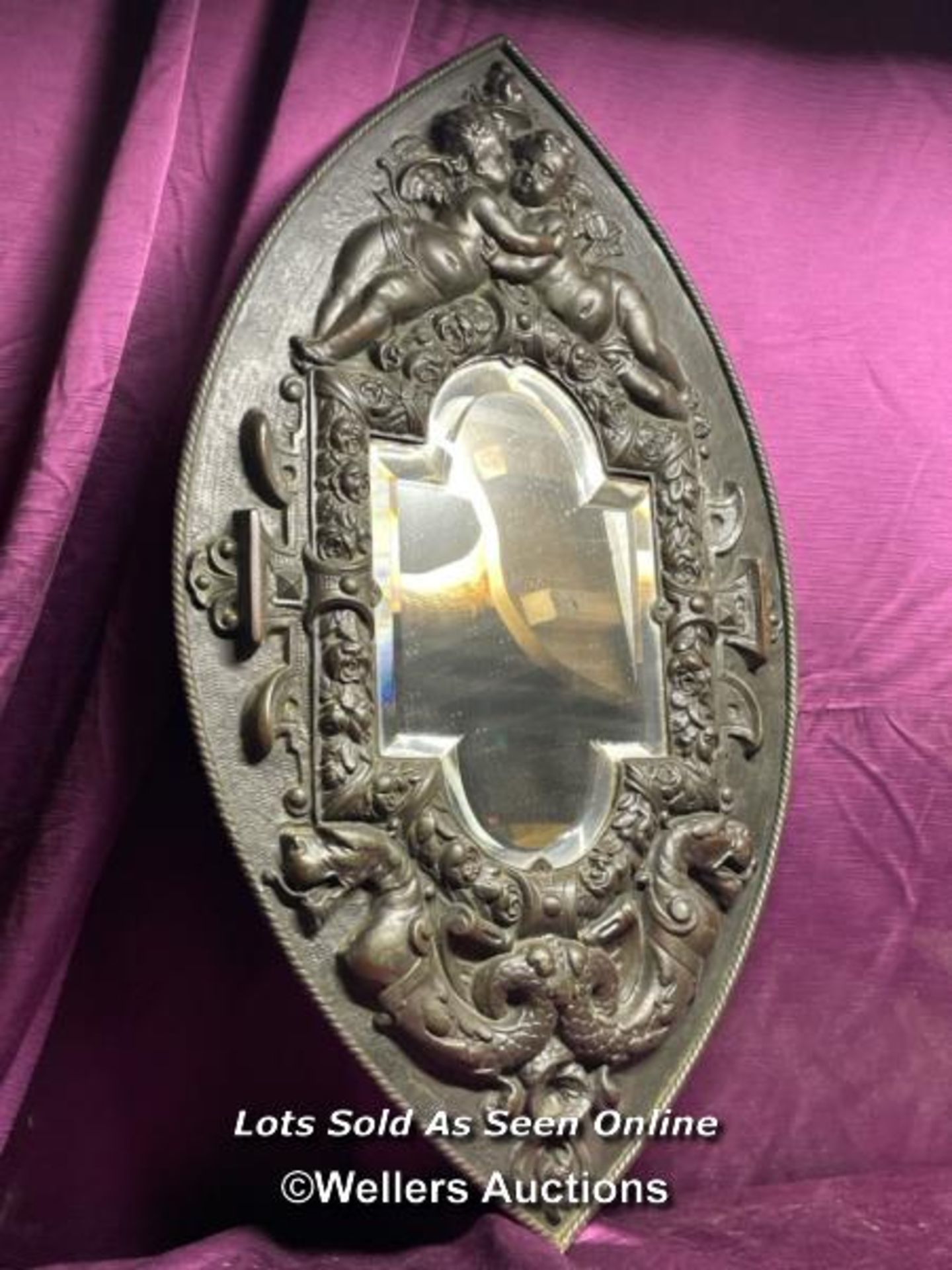 PAIR OF ITALIAN REPOUSSE METAL WORK MIRRORS, 48 X 81CM