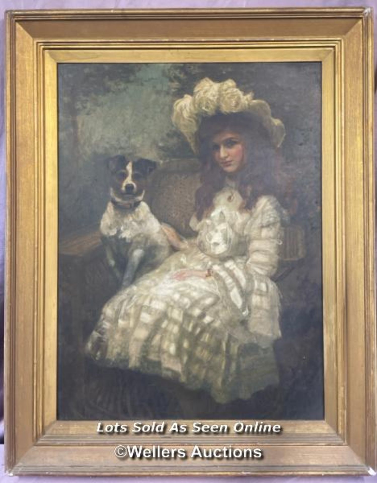 FRAMED OIL ON CANVAS PORTRAIT OF A GIRL AND HER DOG, 59 X 79CM