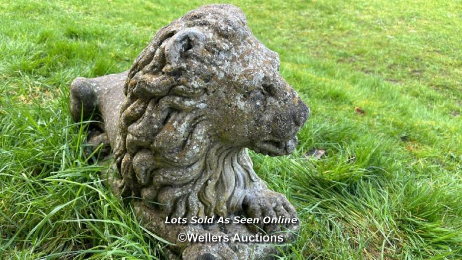 PAIR OF COMPOSITION RECUMBENT LION STATUES, WEATHERED, 70 X 30 X 50CM - Image 4 of 5
