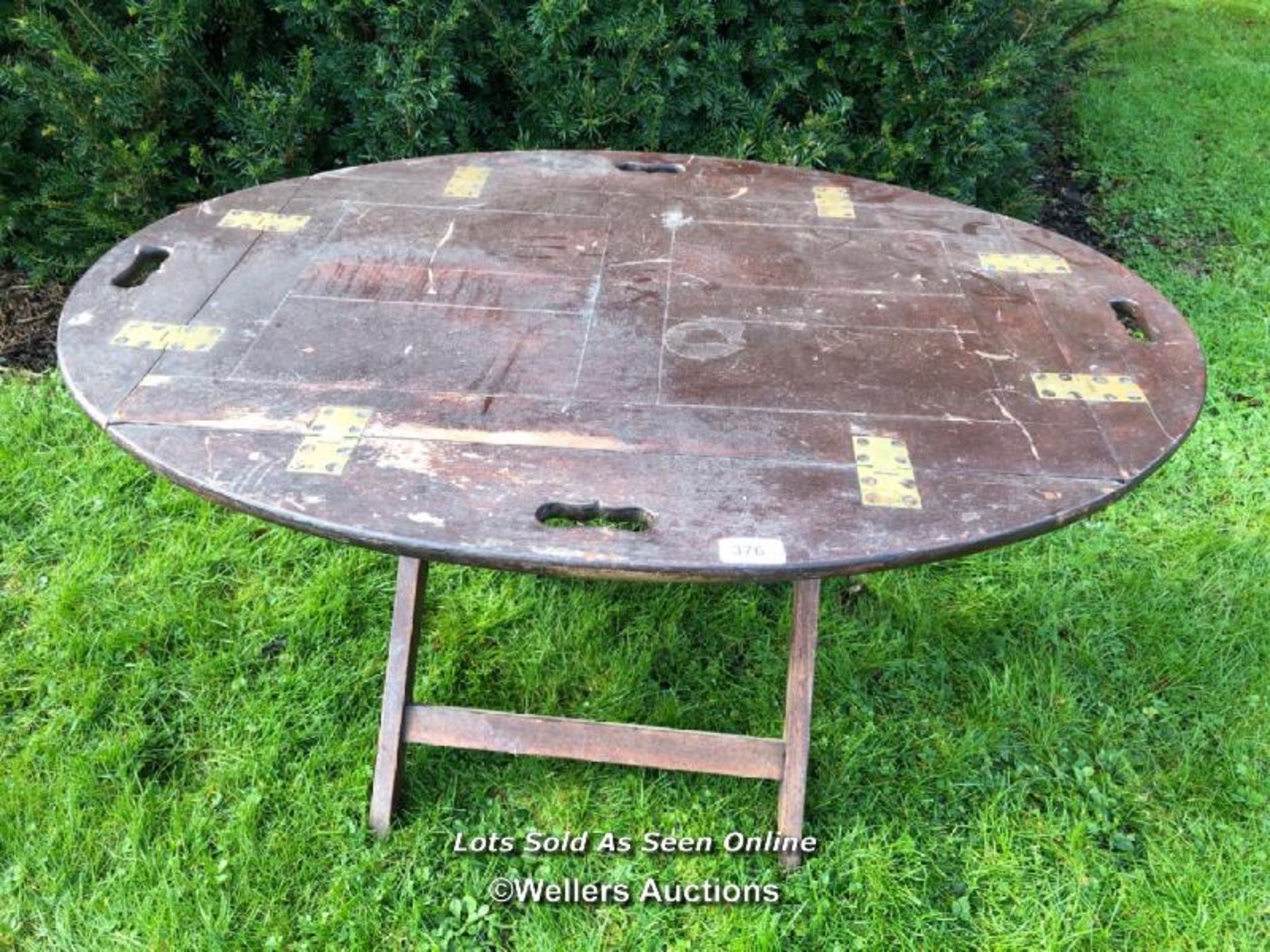 CAMPAIGN TABLE, FOUR FOLDING LEAVES AND TRESTLE STAND, 92 X 68 X 51CM - This lot is located away