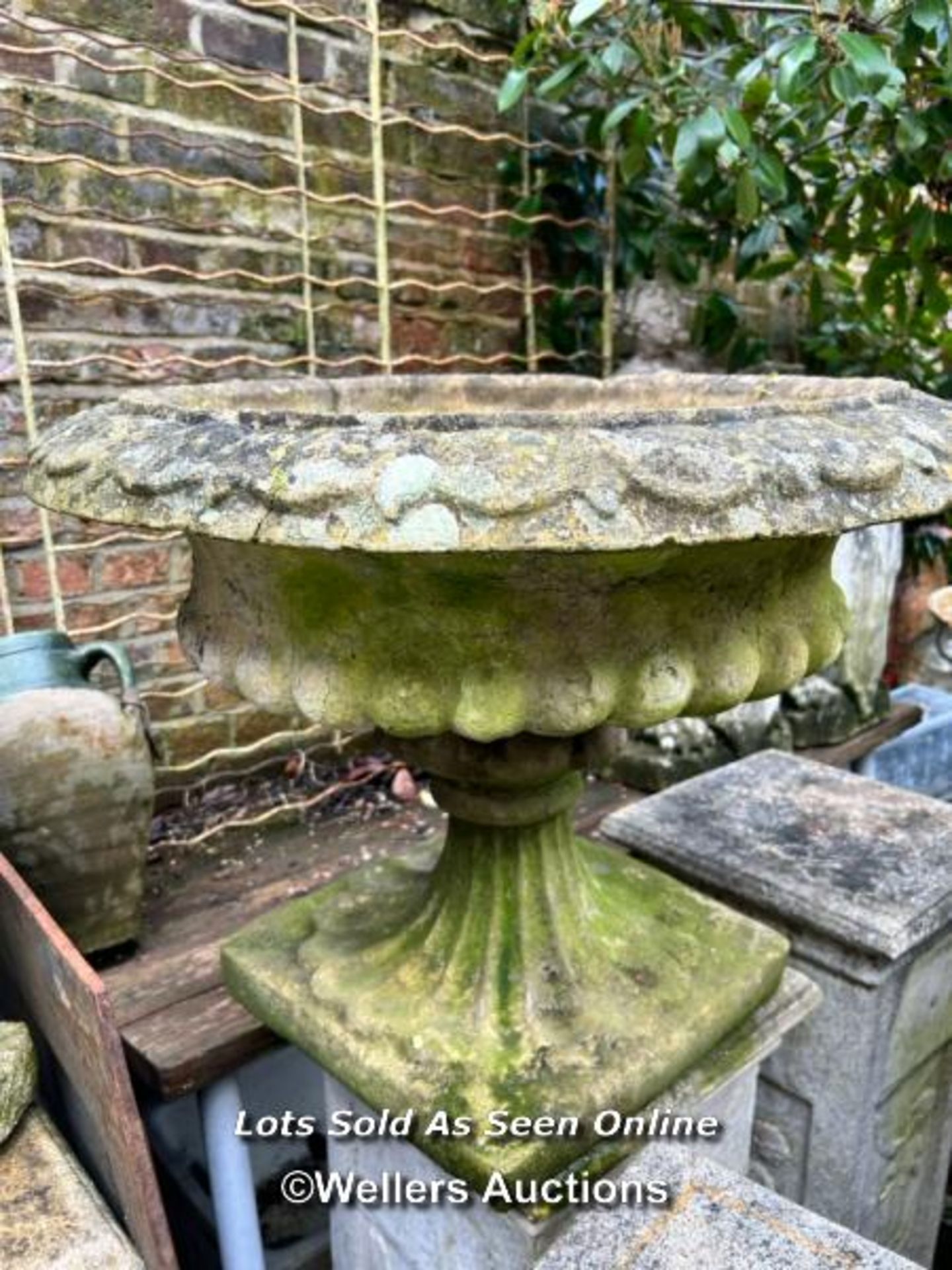 COMPOSITION STONE URN PLANTER. THIS LOT IS LOCATED AWAY FROM THE AUCTION SITE, TO VIEW THIS YOU WILL