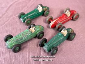 FOUR DINKY DIE CAST RACING CARS INCLUDING HWM NO. 23J, COOPER BRISTOL NO. 23G, MASERATI NO. 23N