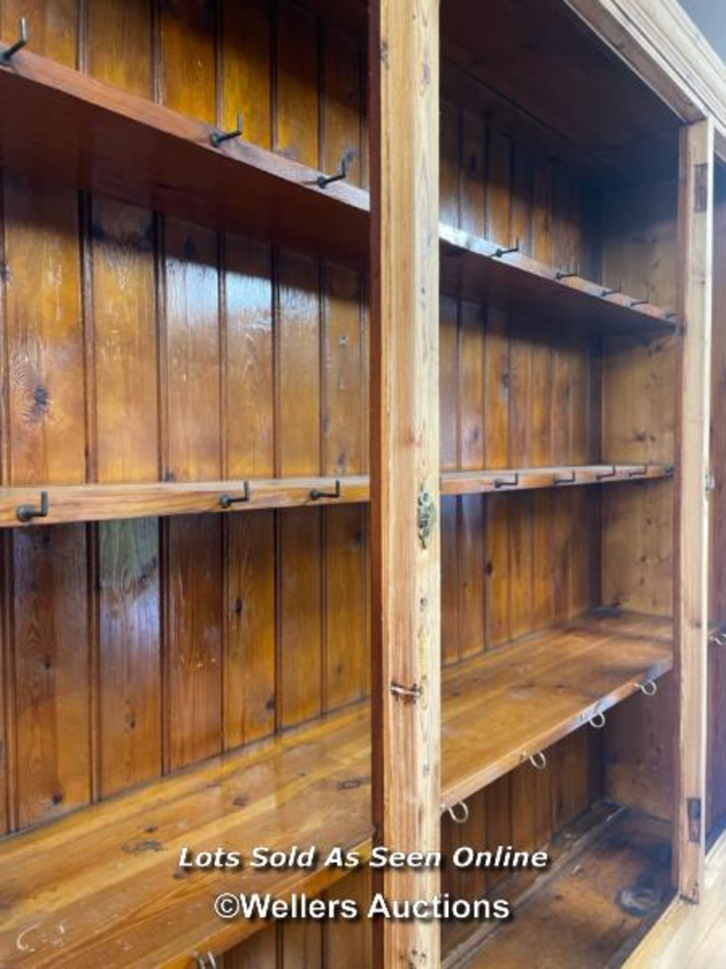 LARGE STRIPPED PINE DRESSER WITH FOUR GLAZED DOORS ON TOP OVER TWO DOORS BELOW AND SIX DRAWERS, - Image 4 of 14