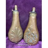 TWO 19TH CENTURY COPPER AND BRASS POWDER FLASKS, EACH 19CM
