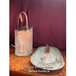 COPPER COAL SCUTTLE, HEIGHT 54CM AND VERDIGRIS PAN LID, LENGTH 56CM