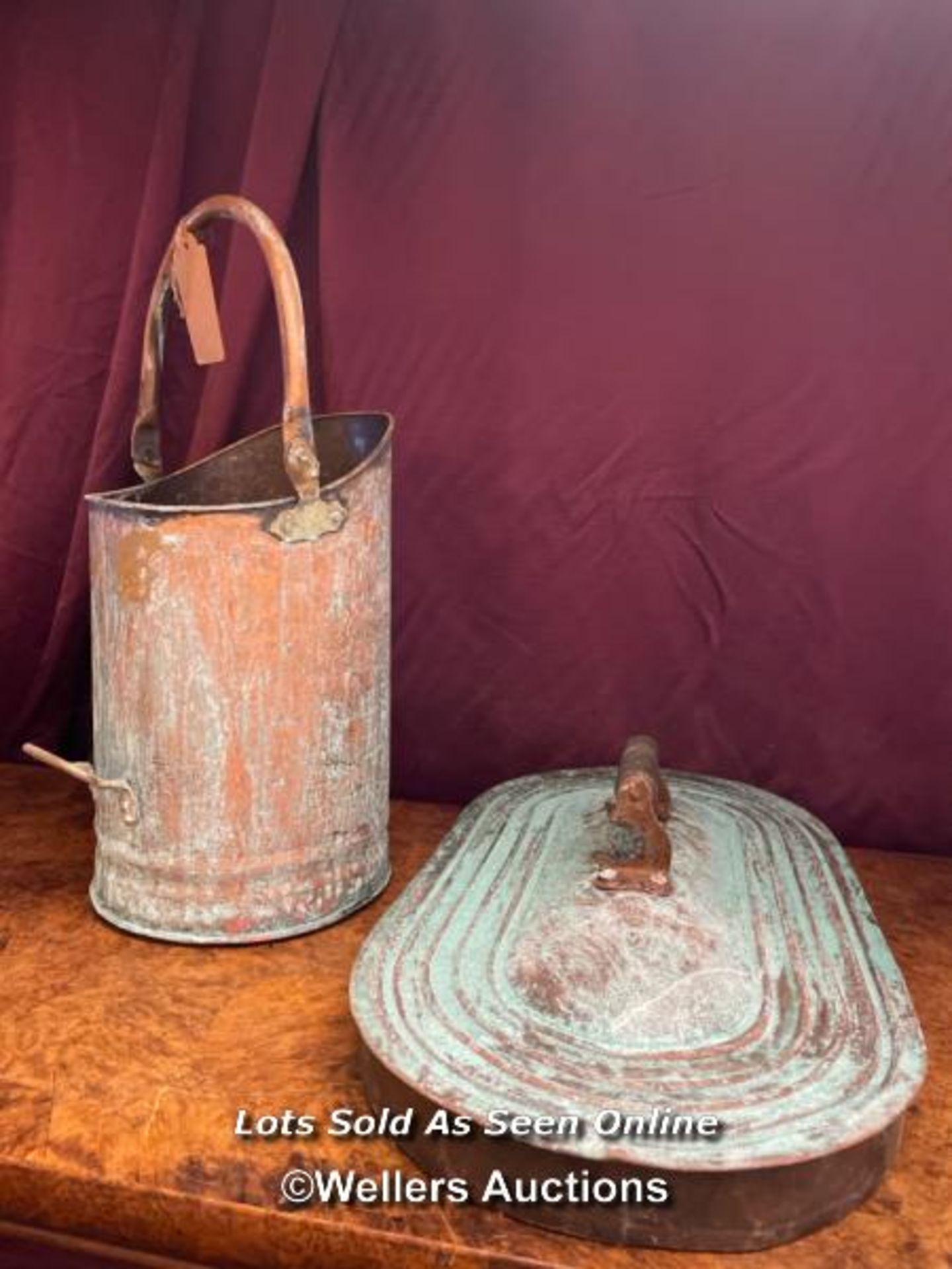 COPPER COAL SCUTTLE, HEIGHT 54CM AND VERDIGRIS PAN LID, LENGTH 56CM