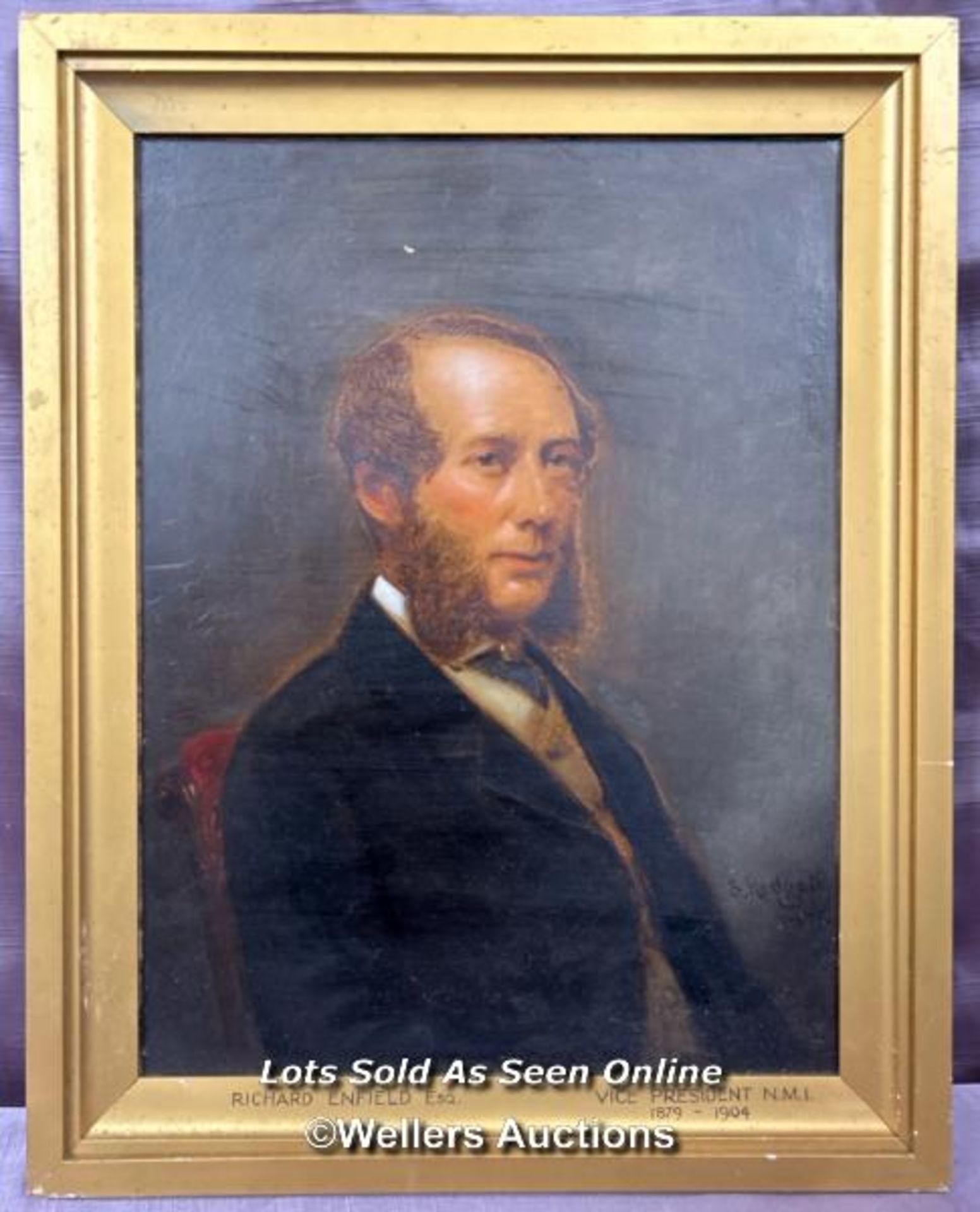 OIL ON BOARD BY S. REDGATE (1875) OF RICHARD ENFIELD ESQUIRE, VICE PRESIDENT, N.M.I. 1879-1904, 34 X