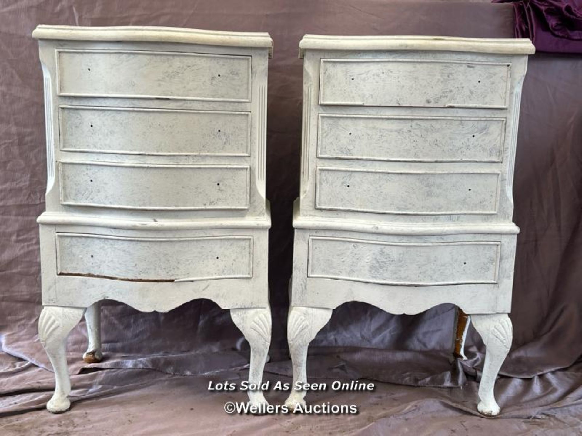 PAIR OF SHABBY CHIC FOUR DRAWER SIDE TABLES, EACH 43 X 34 X 77CM