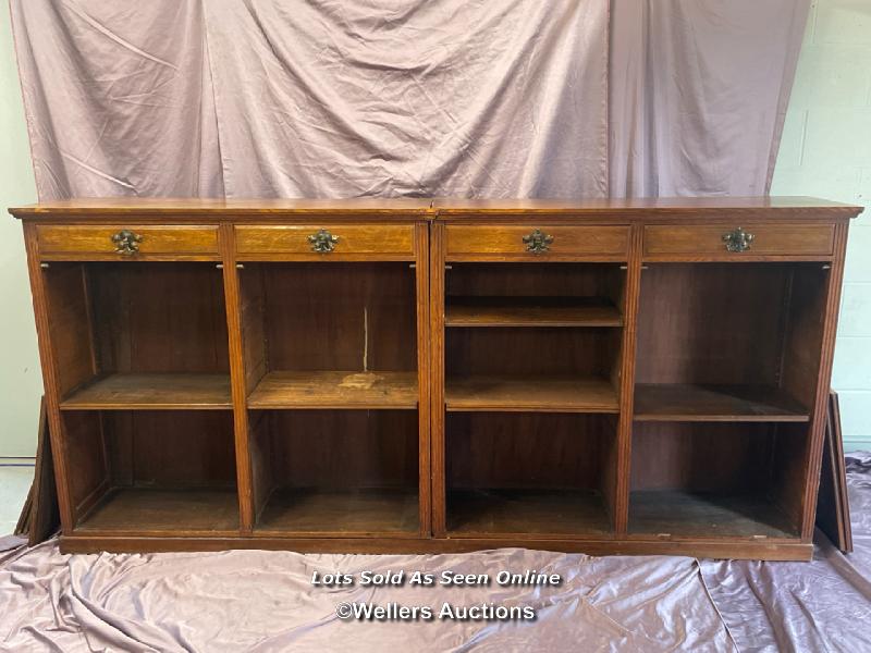 CIRCA 1900, LARGE WOODEN BOOKCASE IN TWO PARTS, WITH FOUR DRAWERS AND EIGHT ADJUSTABLE SHELVES,