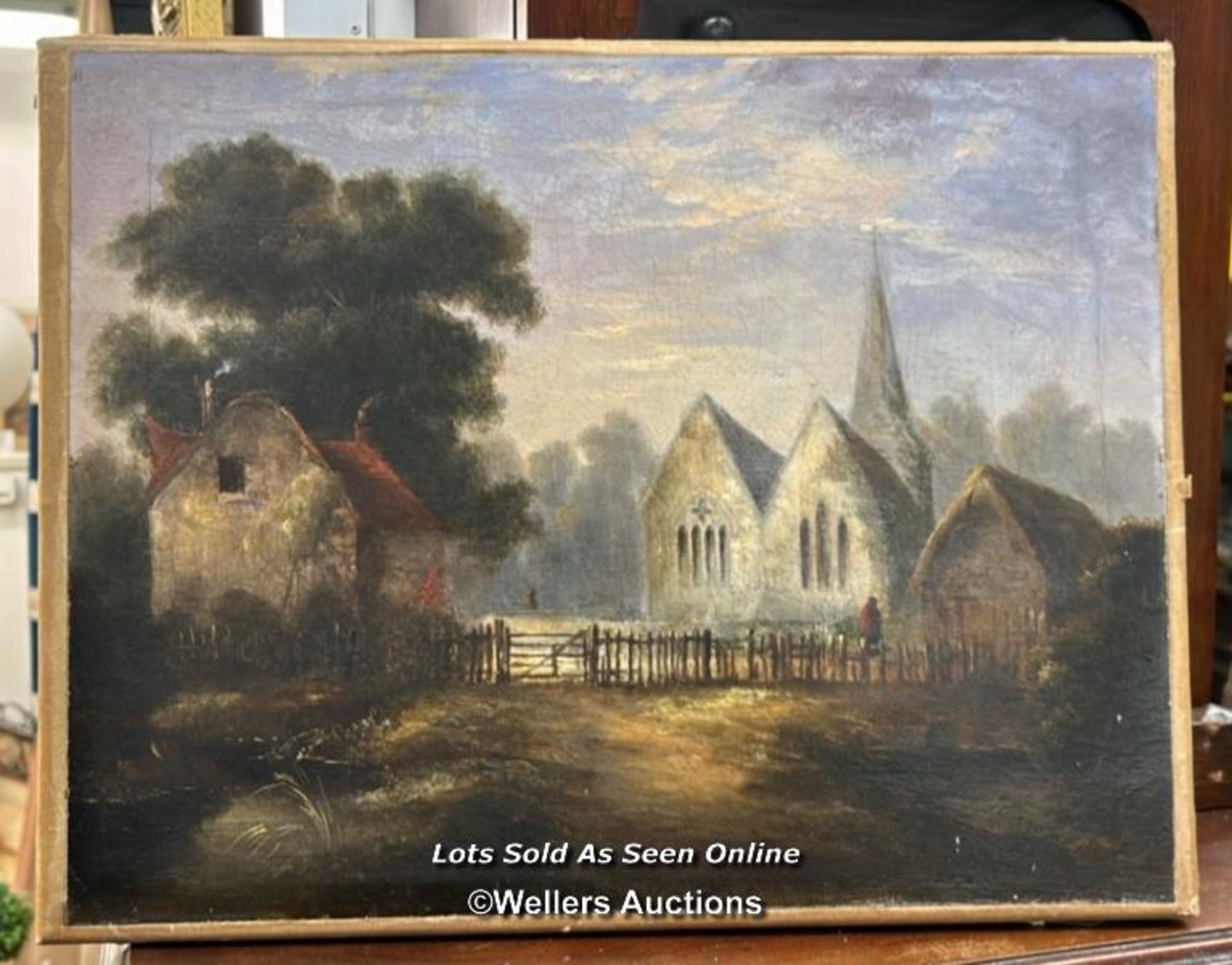 OIL ON CANVAS DEPICTING A CHURCH SCENE