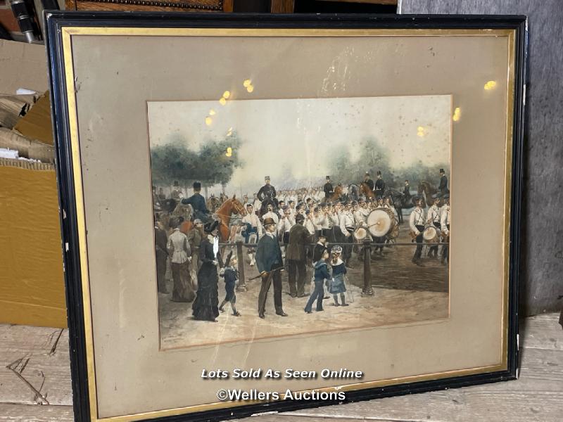 SCOTTISH REGIMENTAL BAND, FRAMED AND GLAZED LITHOGRAPH BY EDOUARD DETAILLE, 56 X 43CM