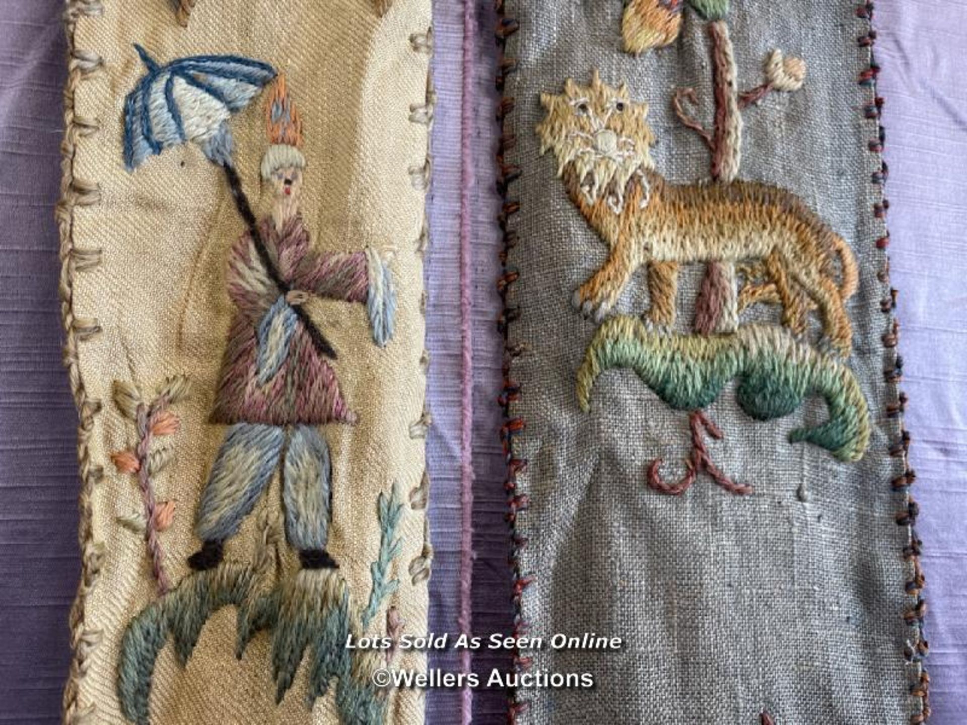 19TH CENTURY PAIR HAND EMBROIDERED WALL HANGINGS, 203CM AND 197CM (LEFT TO RIGHT) - Image 4 of 5