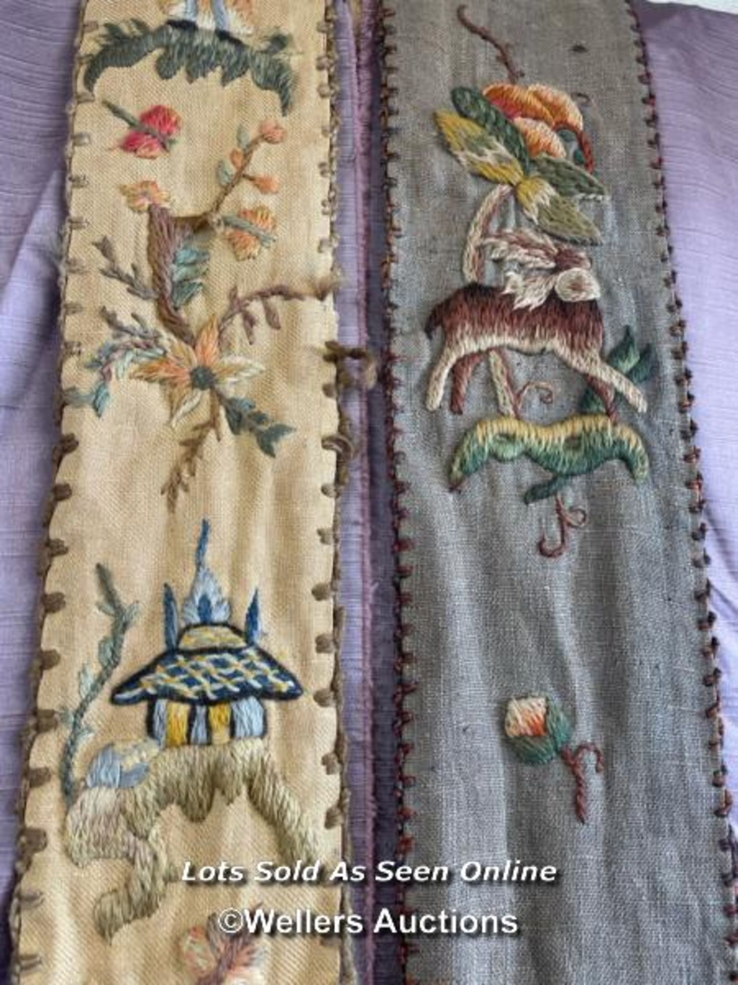 19TH CENTURY PAIR HAND EMBROIDERED WALL HANGINGS, 203CM AND 197CM (LEFT TO RIGHT) - Image 5 of 5