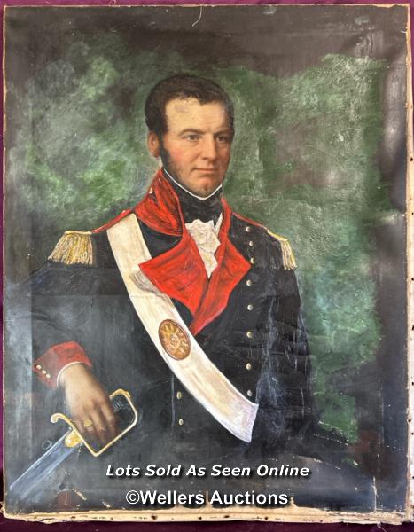 LARGE OIL ON CANVAS DEPICTING A MILITARY GENTLEMAN, 84 X 106CM