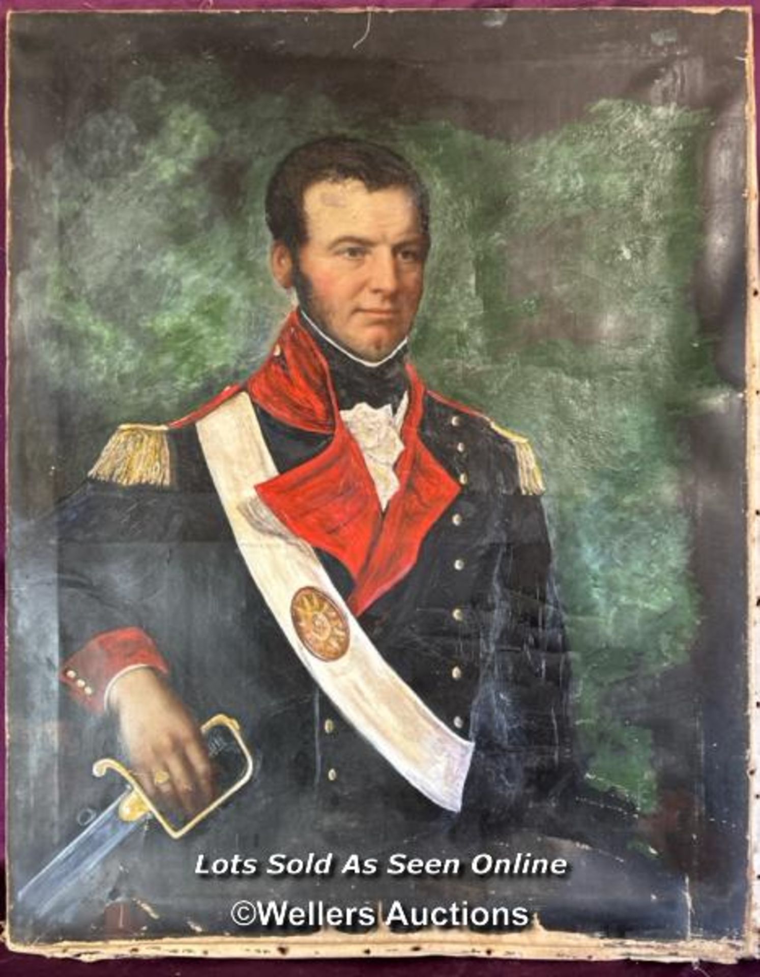 LARGE OIL ON CANVAS DEPICTING A MILITARY GENTLEMAN, 84 X 106CM
